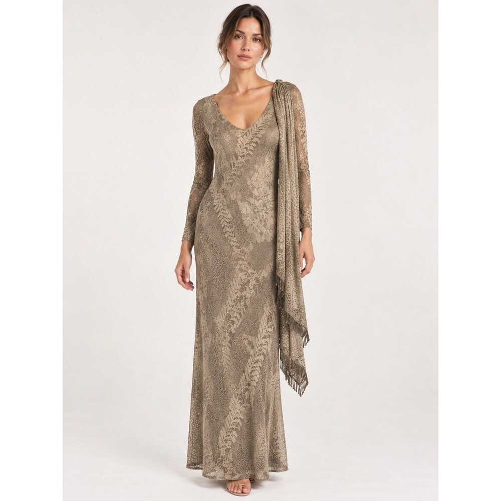 Vintage Damianou Metallic Gold Lace Maxi Dress L Shoulder Sash 80s 90s Boho